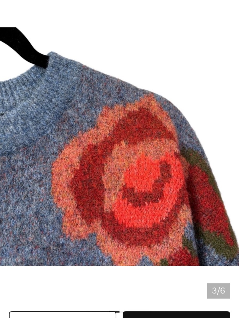 NATURAL LIFE Heather Blue Crewneck Sweater with Orange Floral Accents. Size M. - Picture 6 of 6